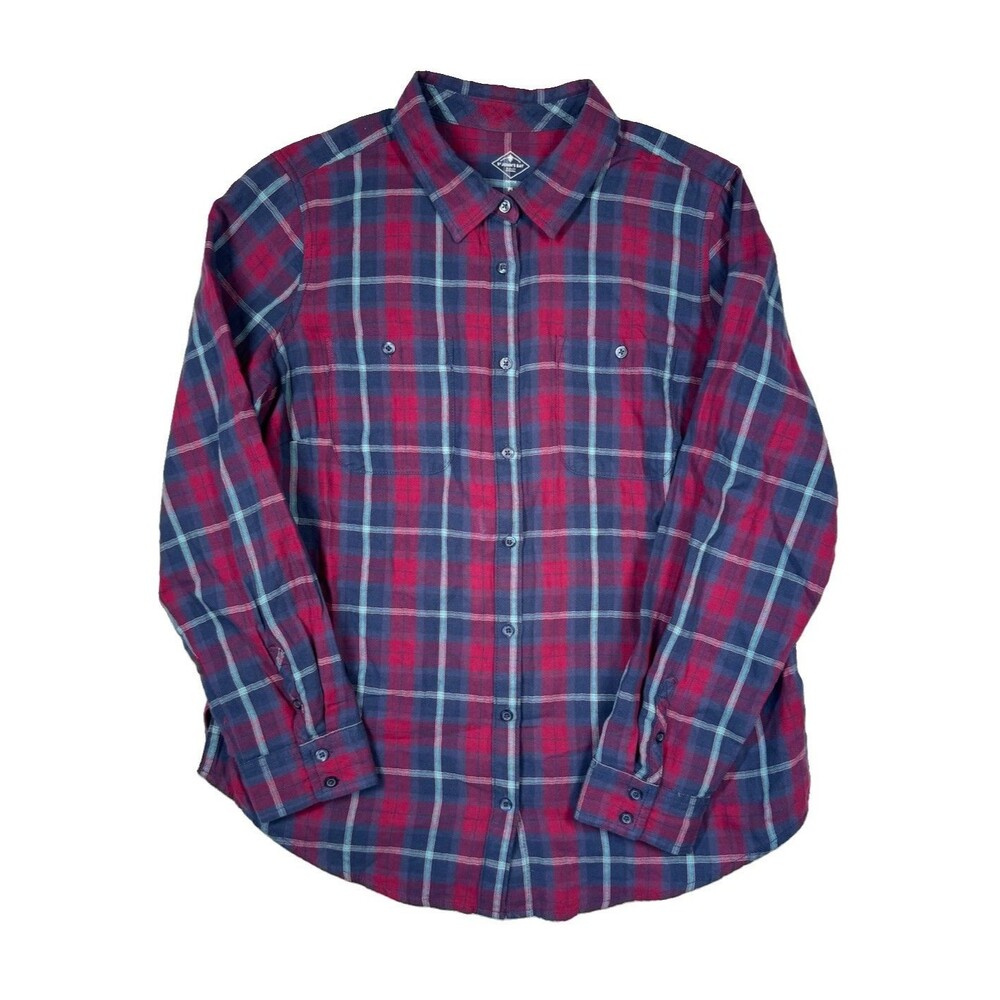 St Johns Bay Womans Petite Large 100% Cotton Button Collar Blue Burgundy Flannel